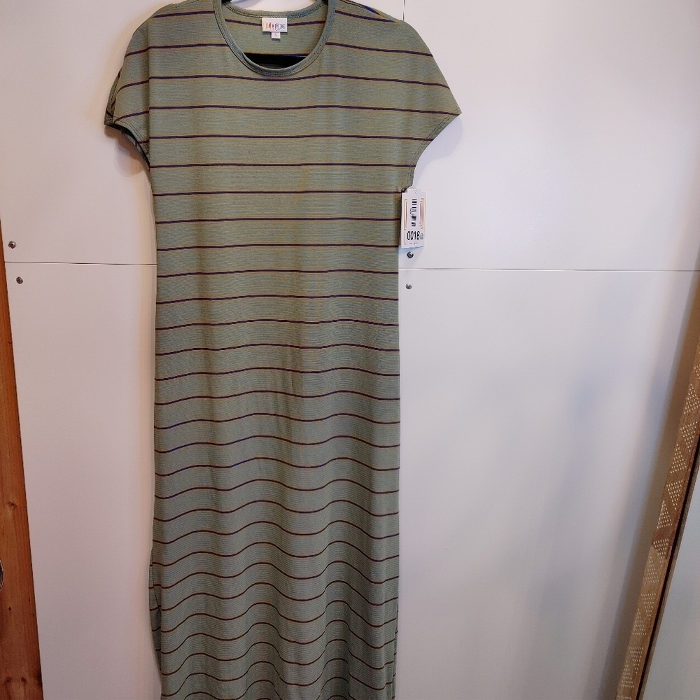 NWT LuLaRoe Maria Maxi Dress Small Blue Mustard Stripe High Low - Picture 2 of 10
